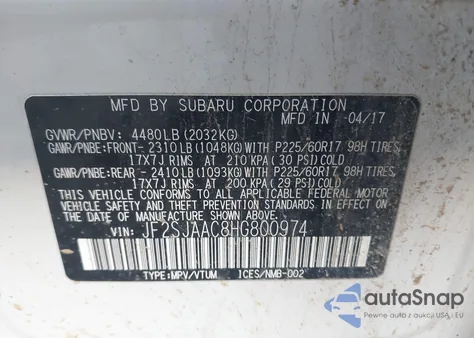 2017 Subaru Forester 2.5I z USA, uszkodzony, nr VIN JF2SJAAC8HG800974